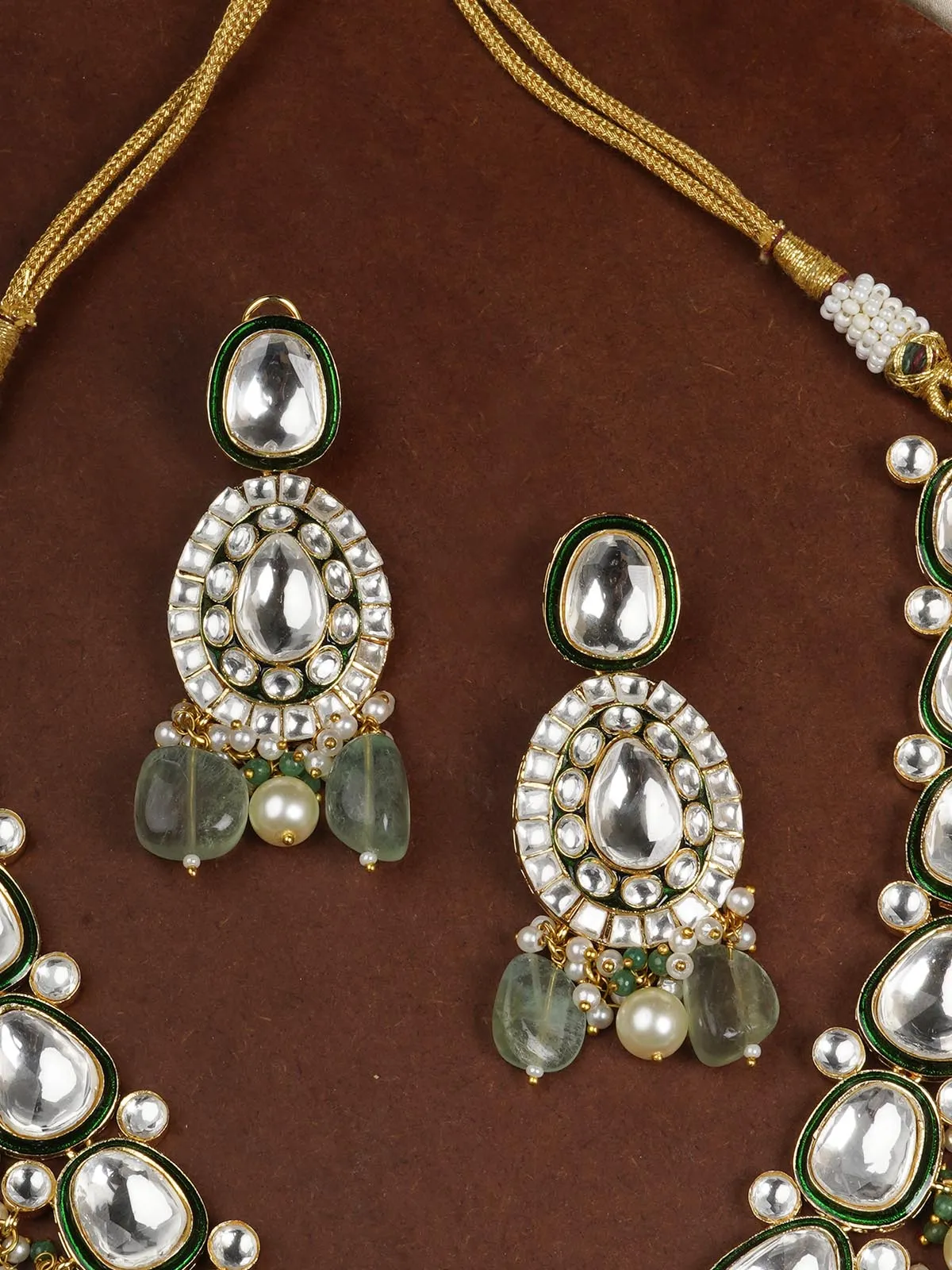 Green Color Gold Plated Faux Polki Bridal Necklace Set - PK-S3WGR