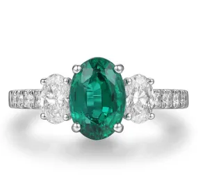 Green Emerald 1.96ct  tw Oval Cut with Side Diamond Ring