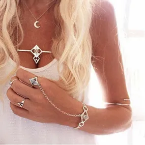 Gypsy Slave Bracelet Ring Chain Attached Opulent Stones On Silver Cuff Egyptian Sun Goddess Symbols