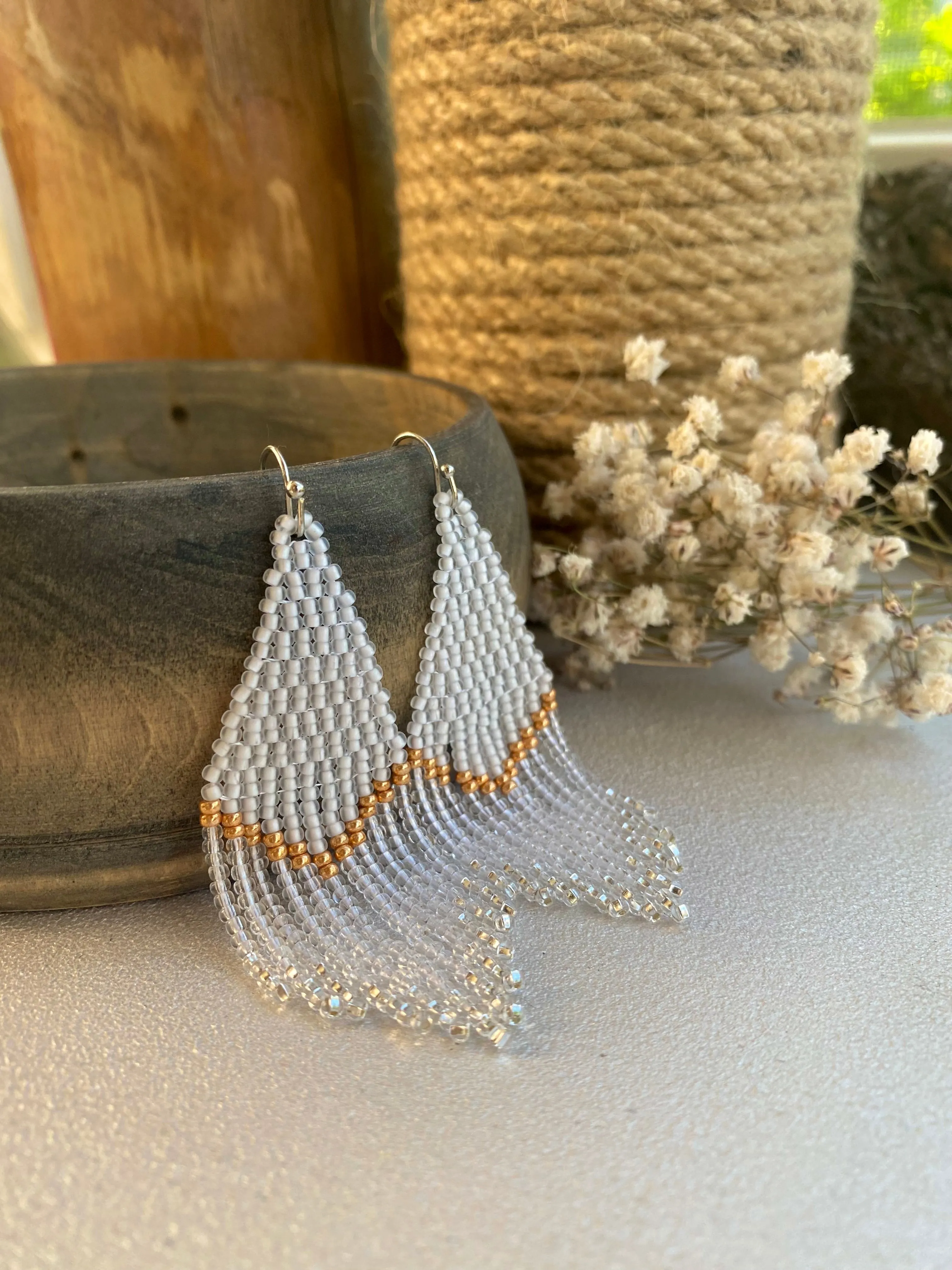 Handmade White Gold Crystal Seed Bead Earrings, Wedding Fringe Chandelier Earrings for Women, Bride Bridal Earrings, Statement Bohemian Earrings