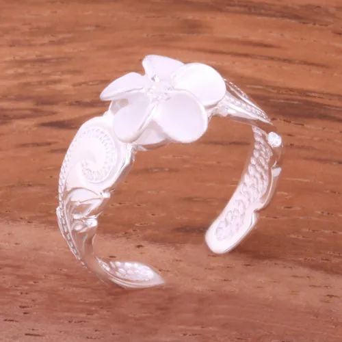 Hawaiian Scroll 8mm Plumeria with Clear CZ Cut Out Edge Toe Ring