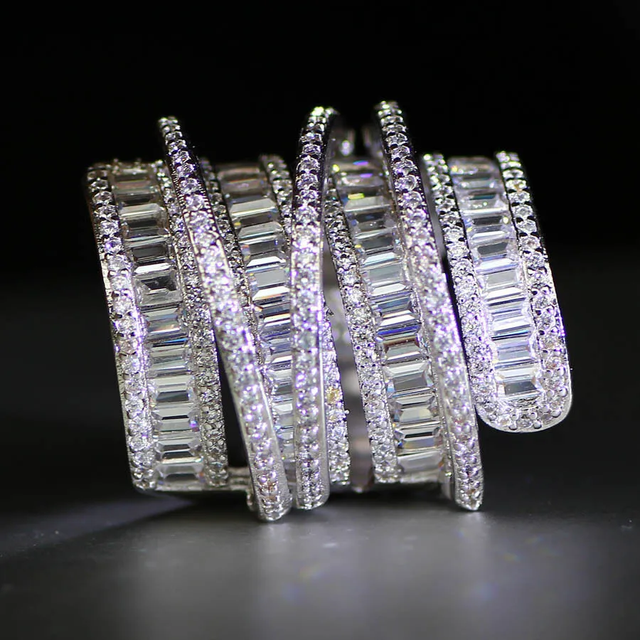 Huge Multi Row Baguette White Sapphire Crossover Statement Ring