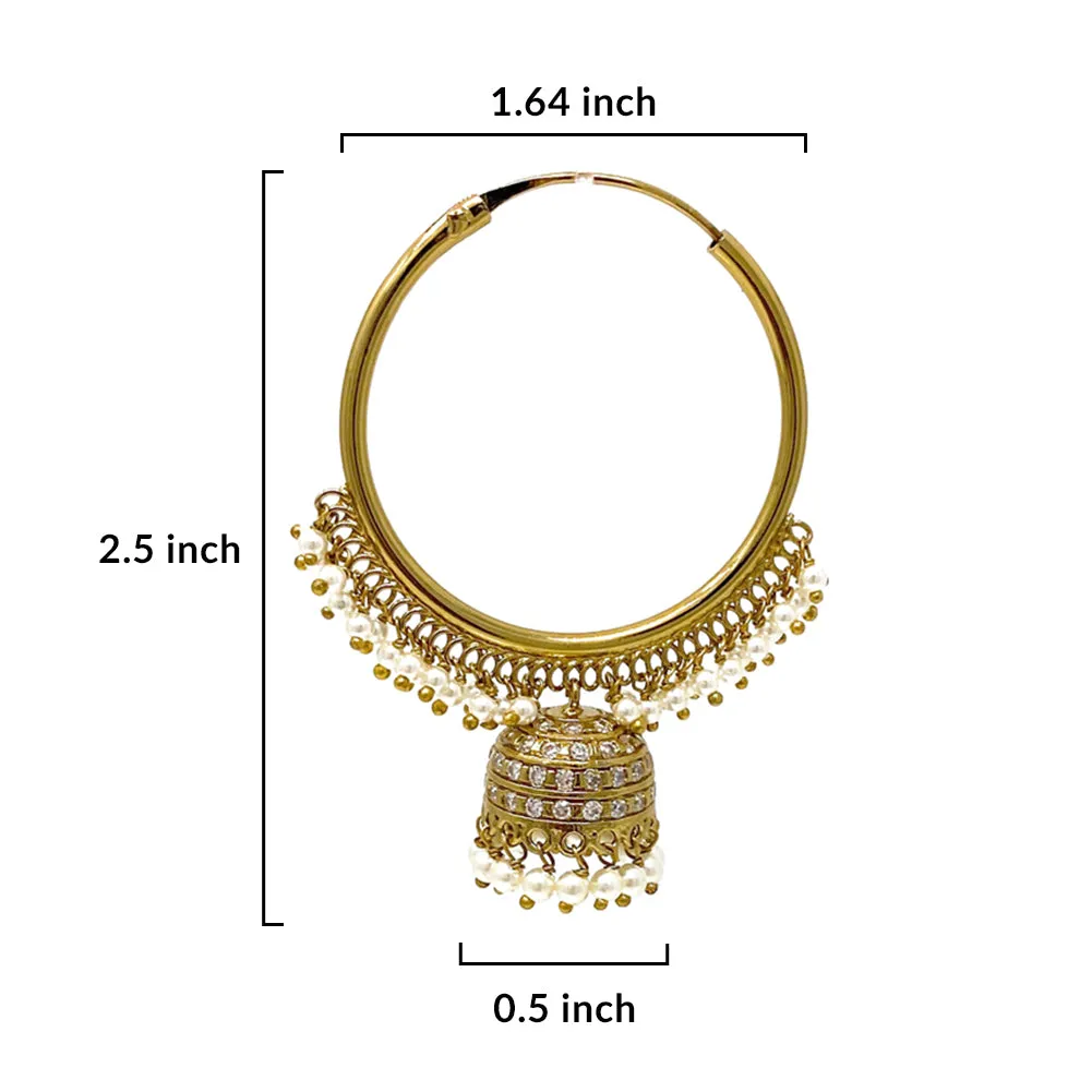 Indian Ethnic Bronze Gold Plated Jhumki Chandelier Infinity Hoop Earring with Tiny White Pearls and Zircon - Duel On Jewel