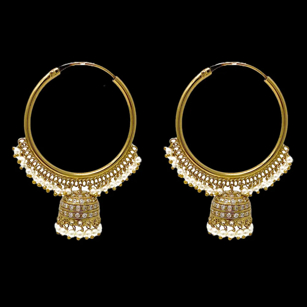 Indian Ethnic Bronze Gold Plated Jhumki Chandelier Infinity Hoop Earring with Tiny White Pearls and Zircon - Duel On Jewel