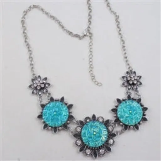 Iridescent Aqual Flower  Multi Charm Necklace