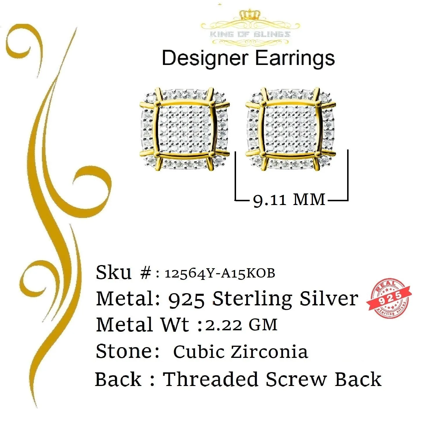 King of Bling's 925 Silver Sterling Yellow 0.72ct Cubic Zirconia Hip Hop Square Women's Earrings