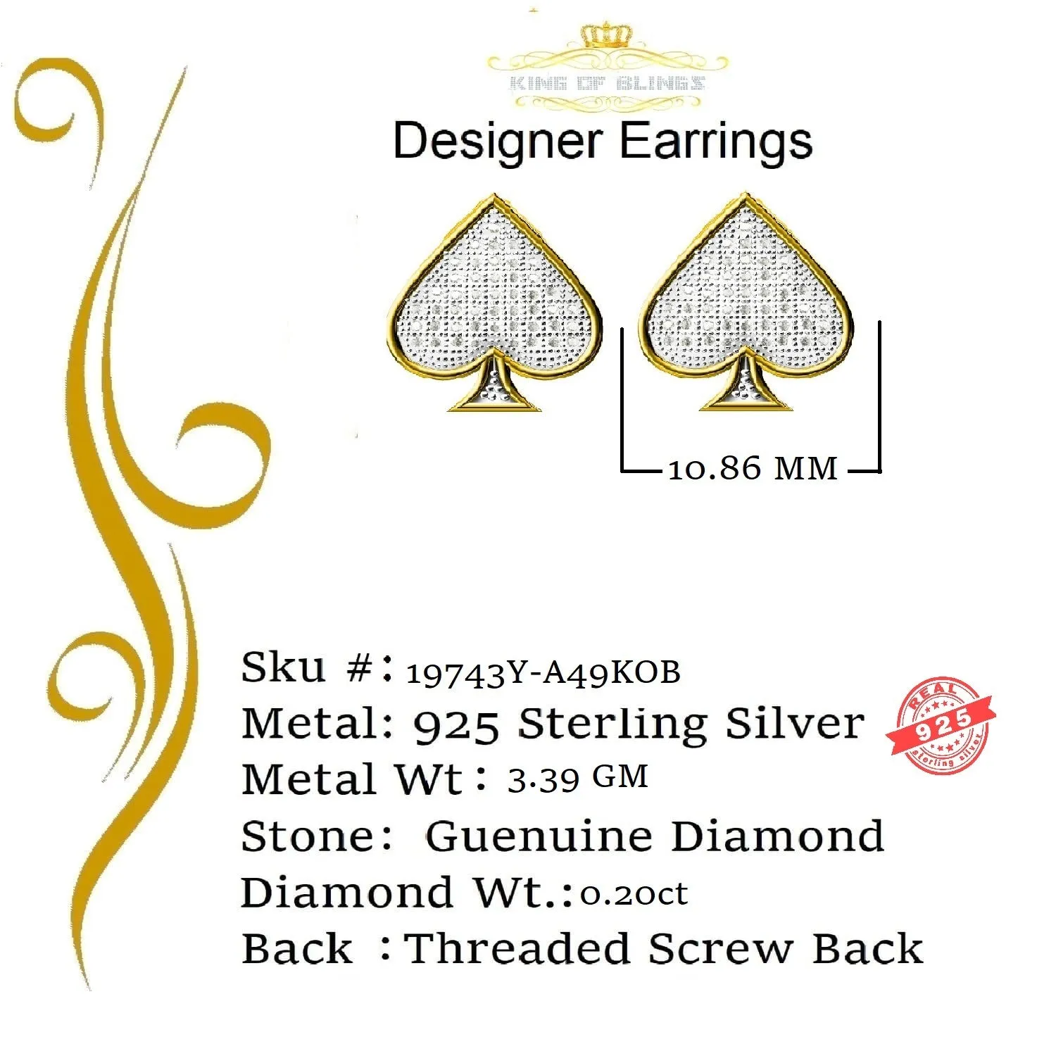 King of Blings-925 Sterling Silver Yellow 0.20ct Diamond For Women's / Men's Stud Heart Earring