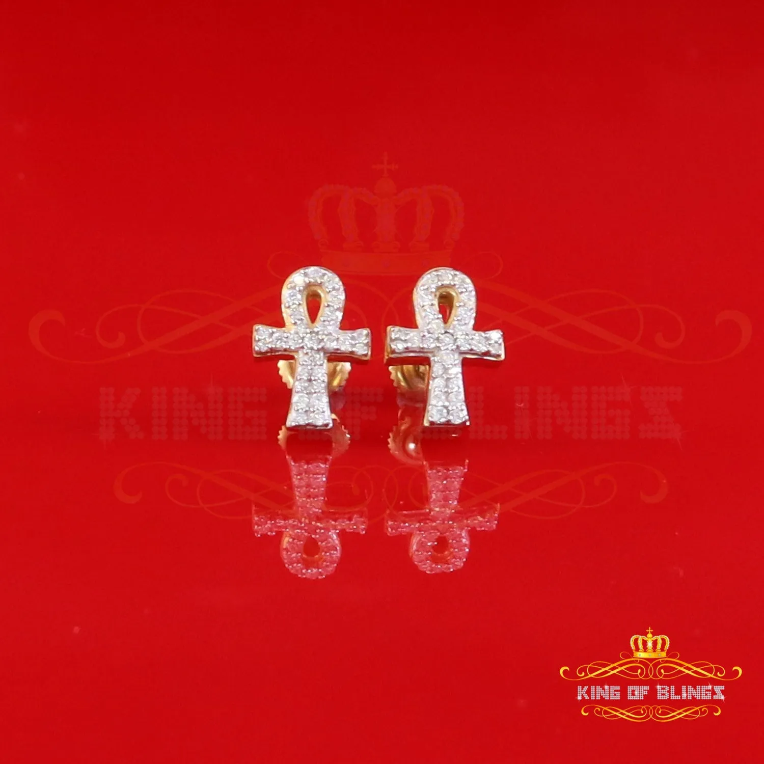 King  of Bling's 925 Yellow Silver 0.25ct VVS 'D' Moissanite Ankh Stud Earring Men's/Womens