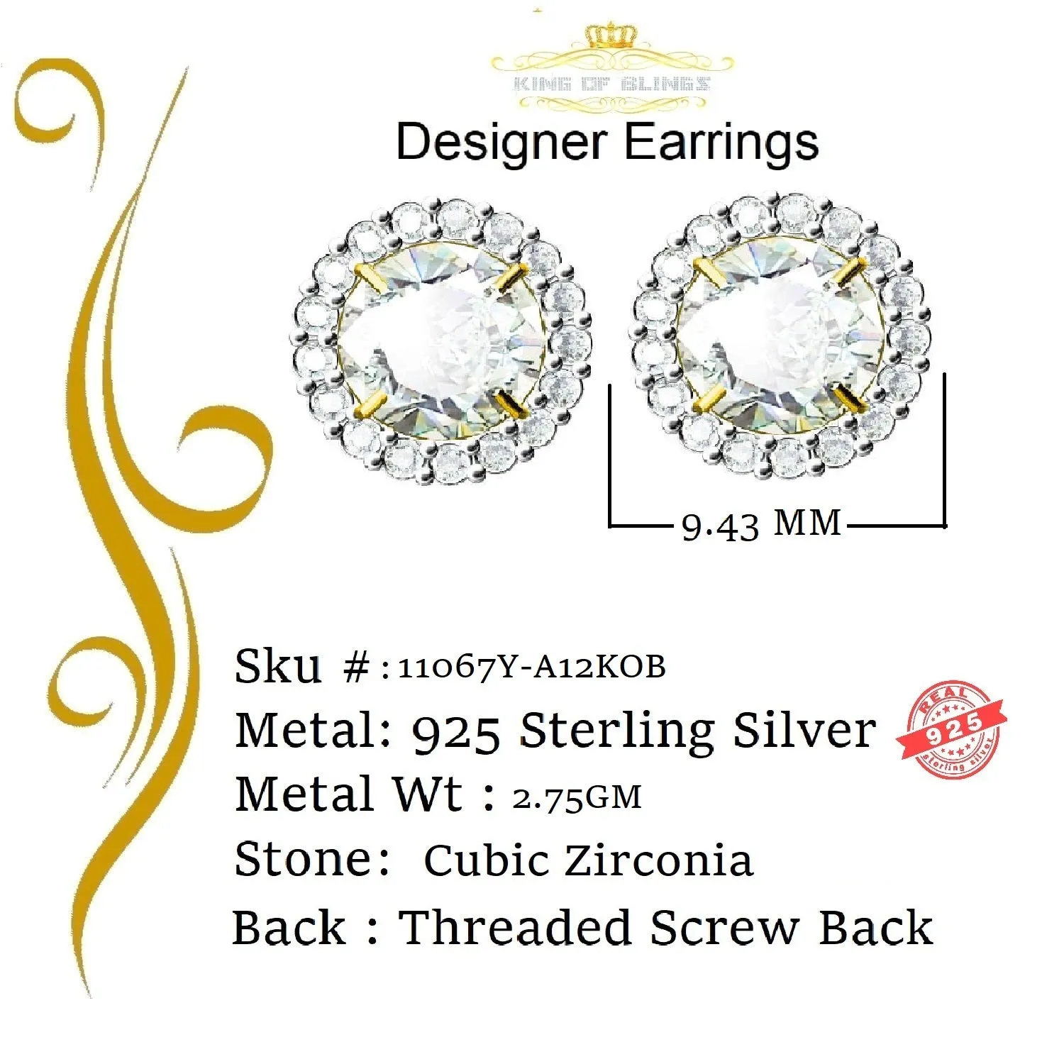 King of Bling's 925 Yellow Silver 4.42ct Cubic Zirconia Women's & Men's Hip Hop Round Earrings