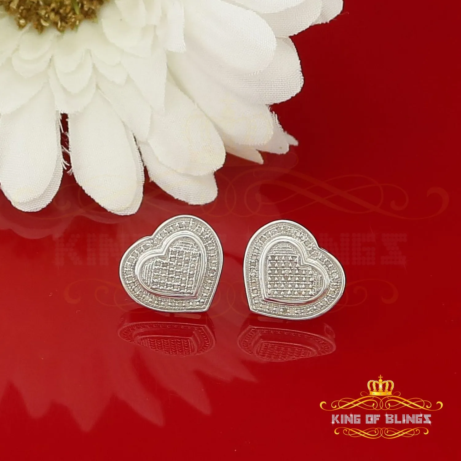 King Of Bling's Aretes Para Hombre 925 White Silver 0.33ct Diamond Women's Heart Style Earrings