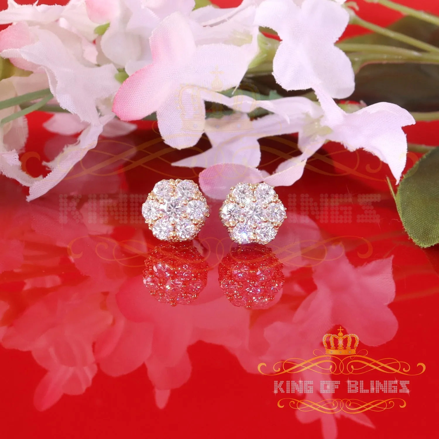 King  of Bling's Men's/Women's 925 Silver Yellow 2.00ct VVS 'D' Moissanite 7 Floral Stud Earrings