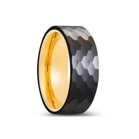 KNOX | Gold Ring, Black Tungsten Ring, Hammered, Flat