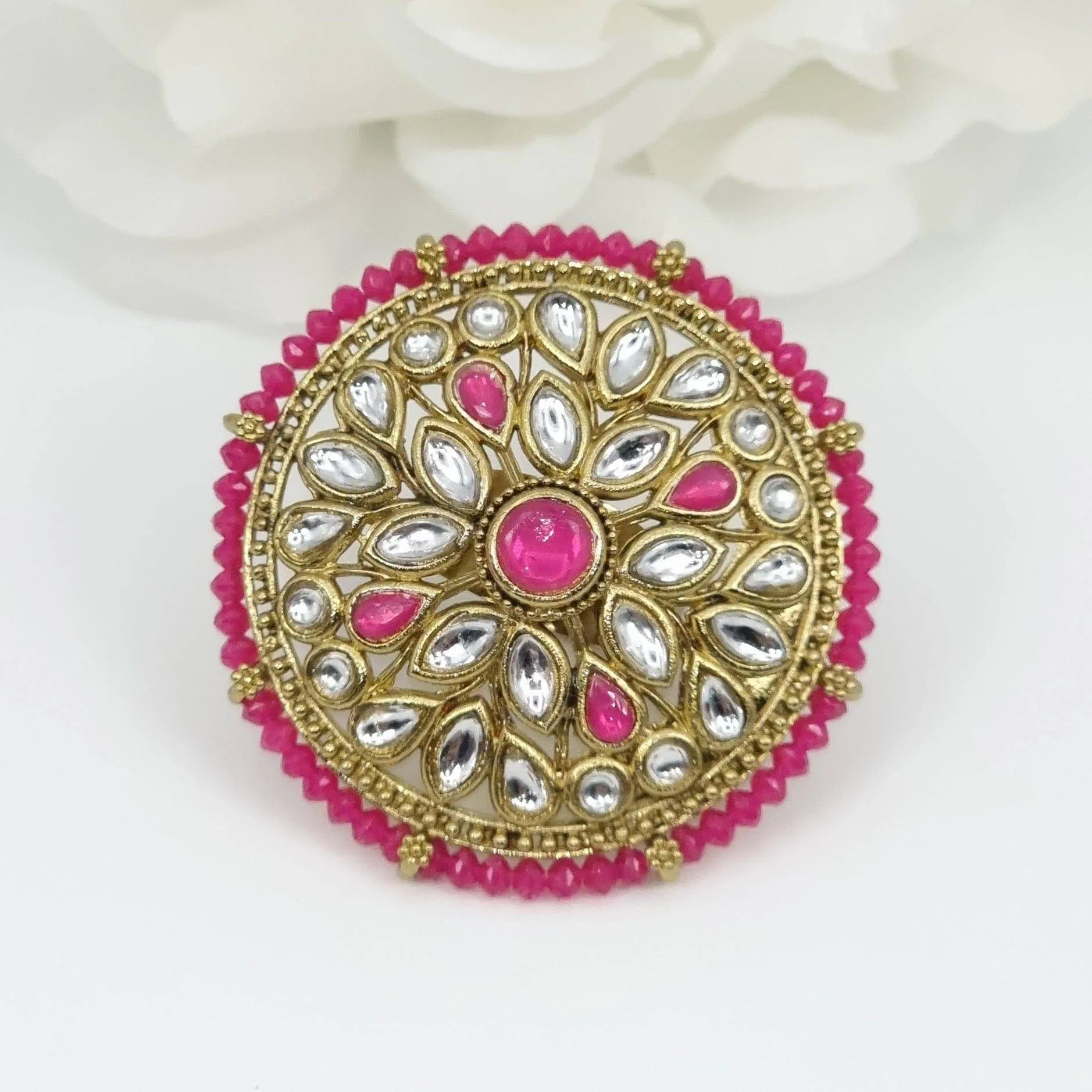 Kundan Mandala Statement Ring - Hot Pink