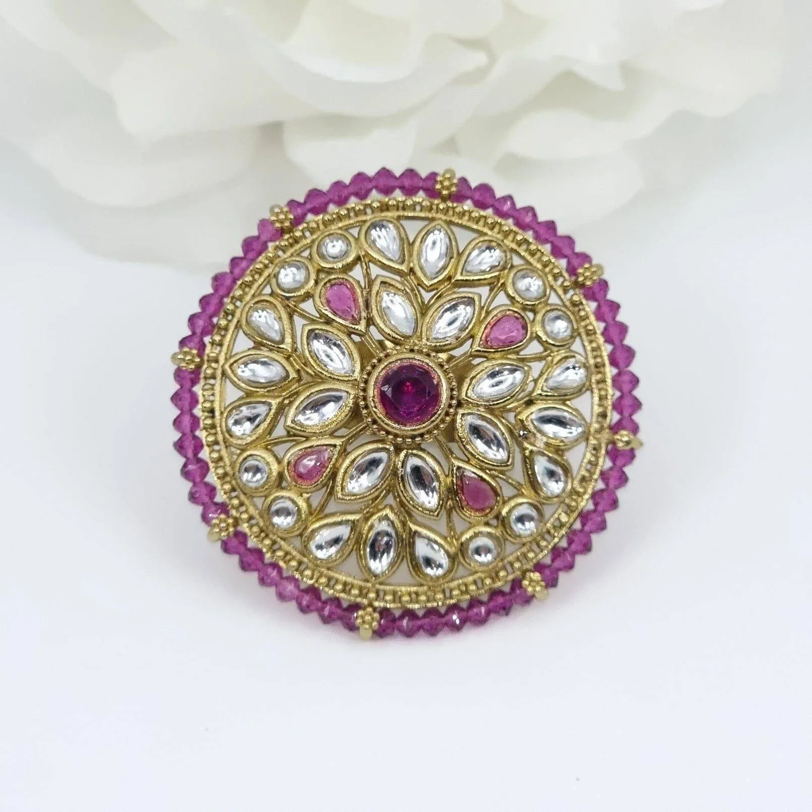 Kundan Mandala Statement Ring - Purple