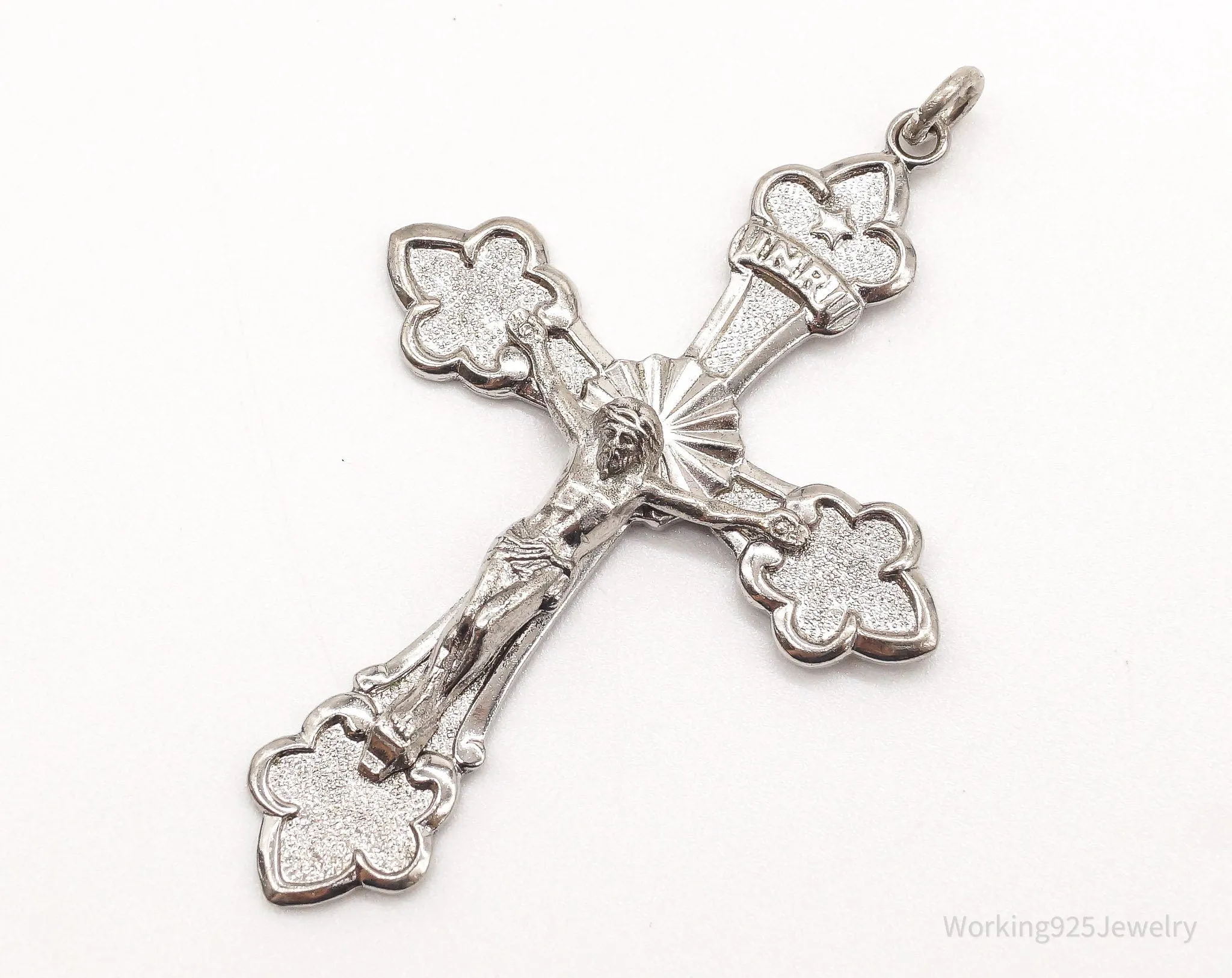 Large Antique INRI Crucifix Cross Sterling Silver Pendant