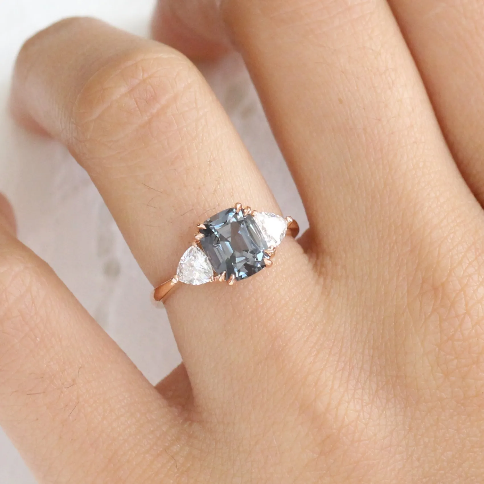 Large Grey Spinel Engagement Ring in 14k Rose Gold 3 Stone Ring, Size 6.25