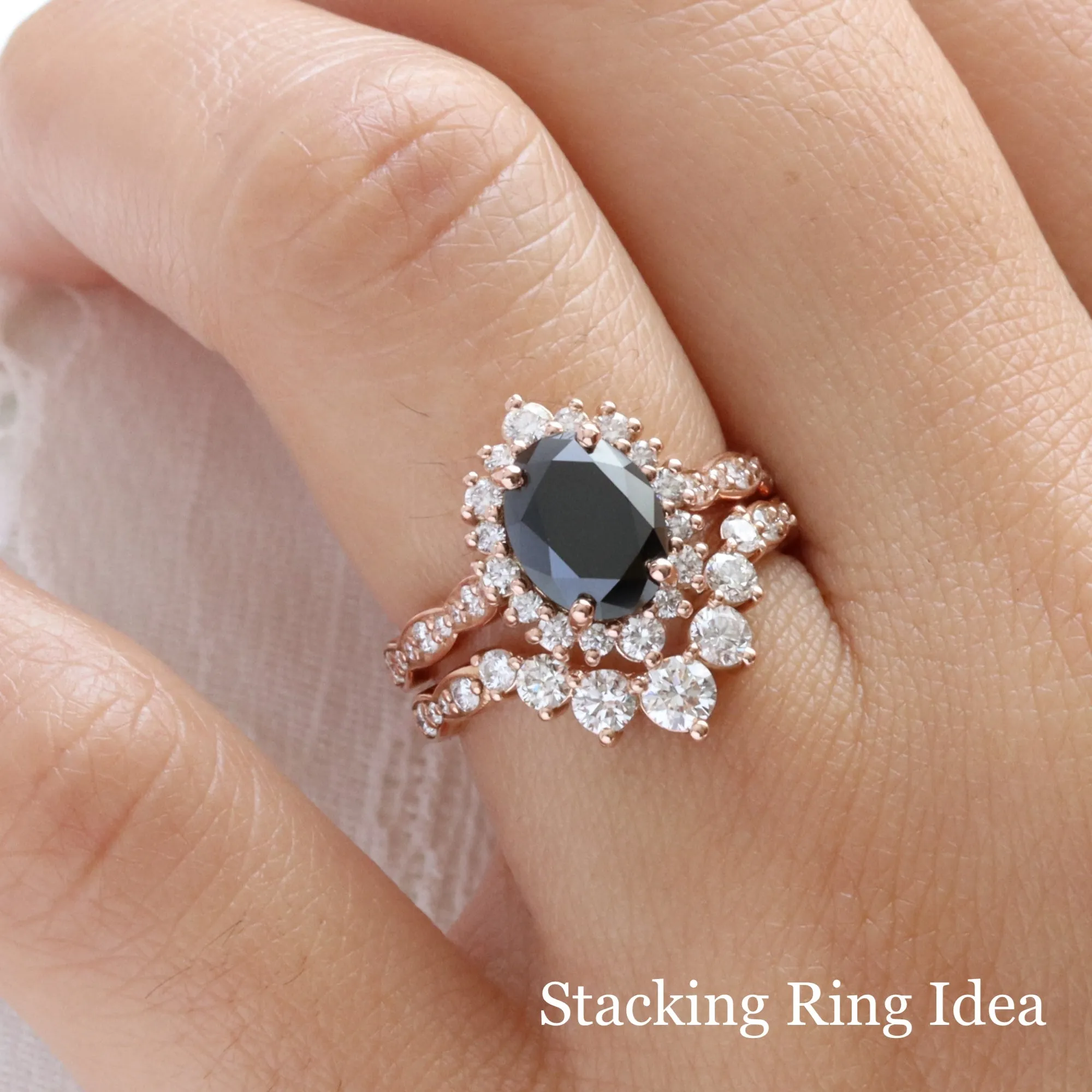 Large Oval Black Diamond Ring in Tiara Halo Diamond Scalloped Band