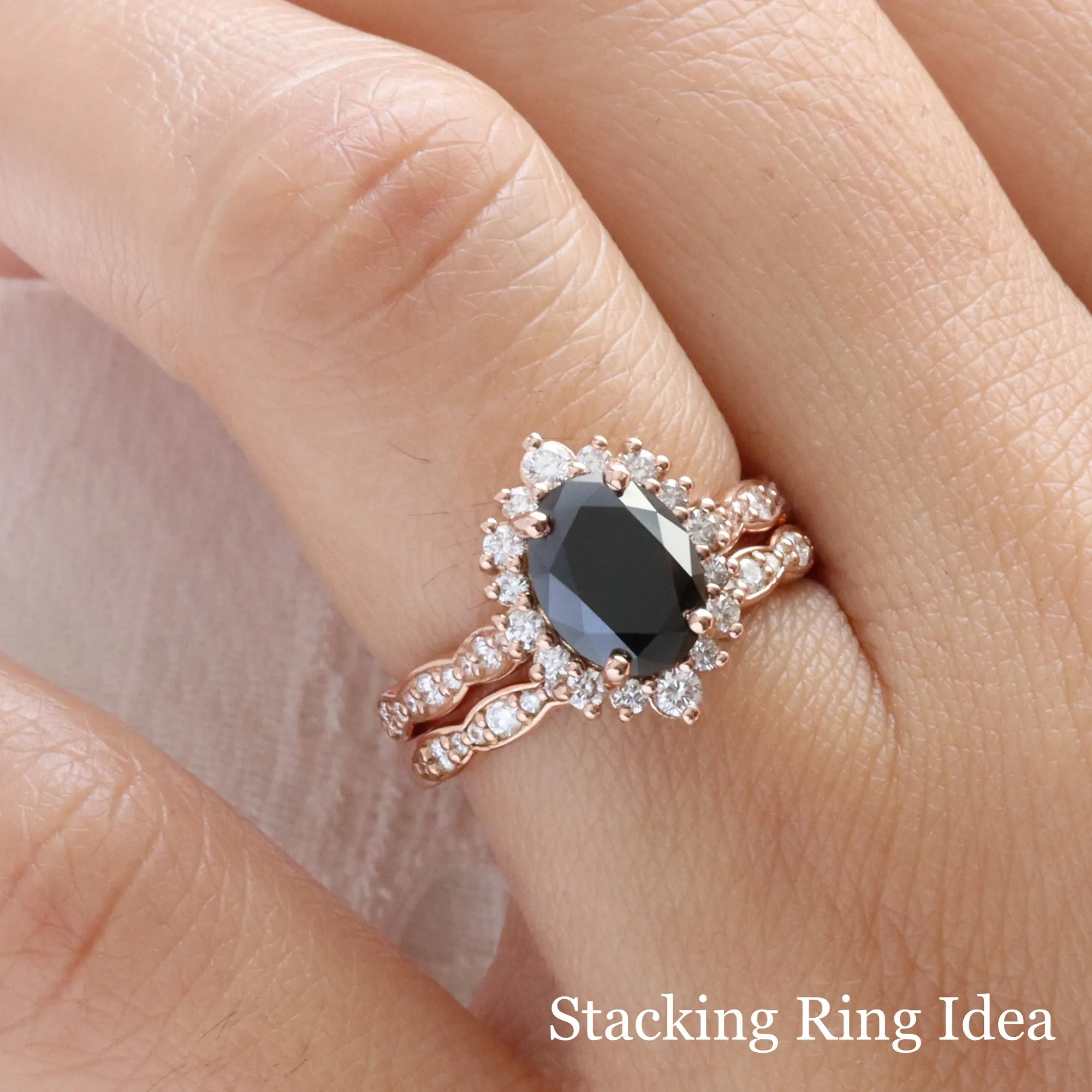 Large Oval Black Diamond Ring in Tiara Halo Diamond Scalloped Band