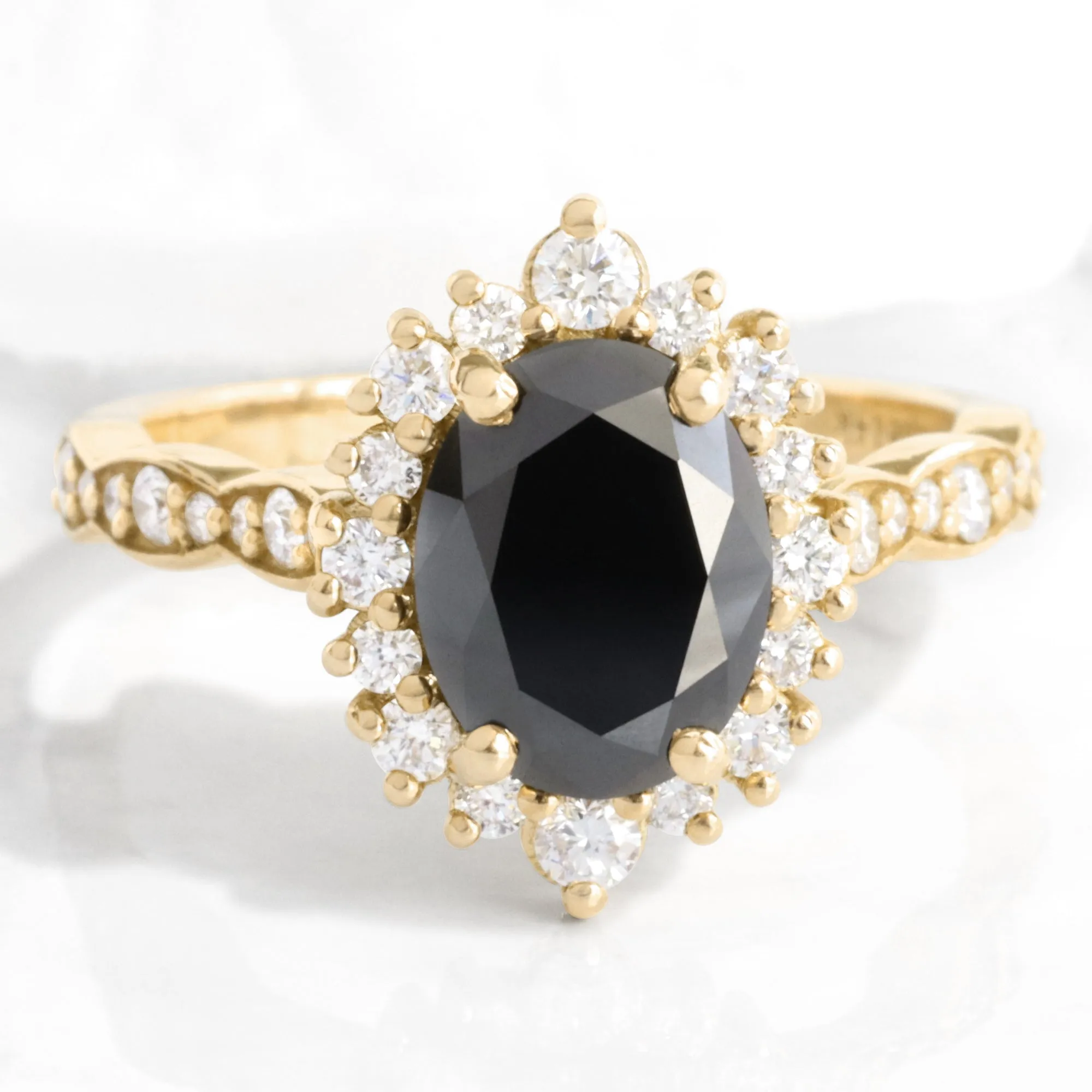 Large Oval Black Diamond Ring in Tiara Halo Diamond Scalloped Band