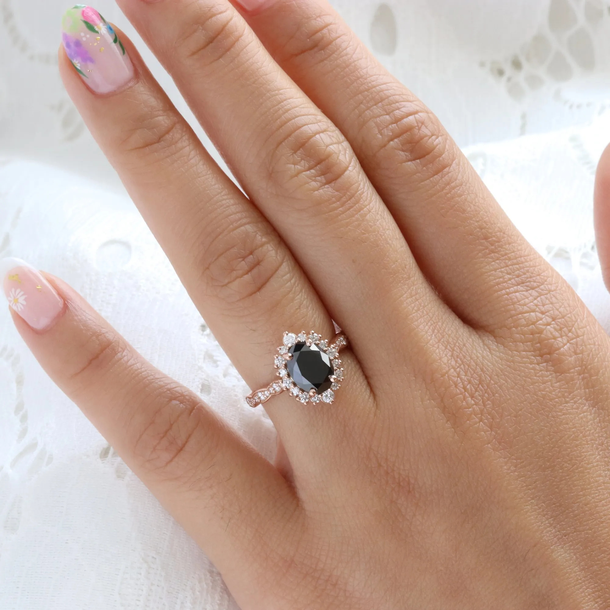 Large Oval Black Diamond Ring in Tiara Halo Diamond Scalloped Band