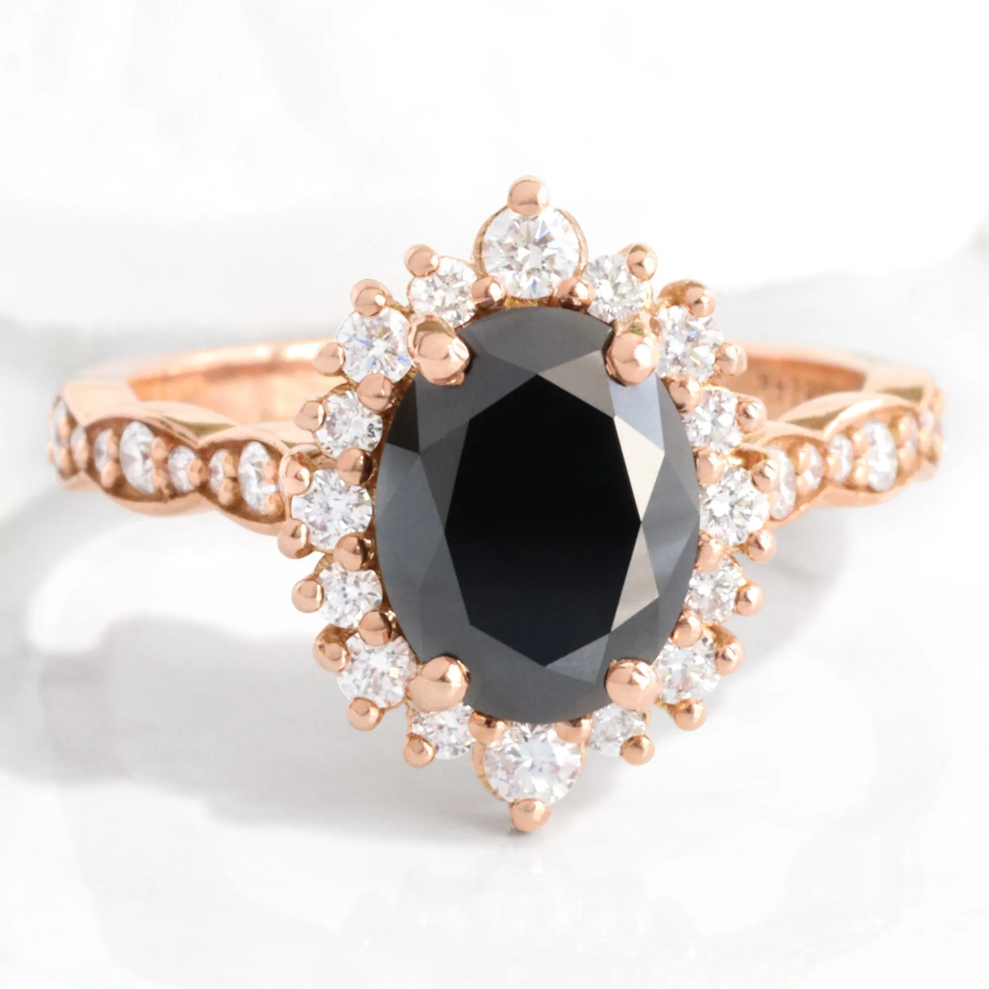 Large Oval Black Diamond Ring in Tiara Halo Diamond Scalloped Band