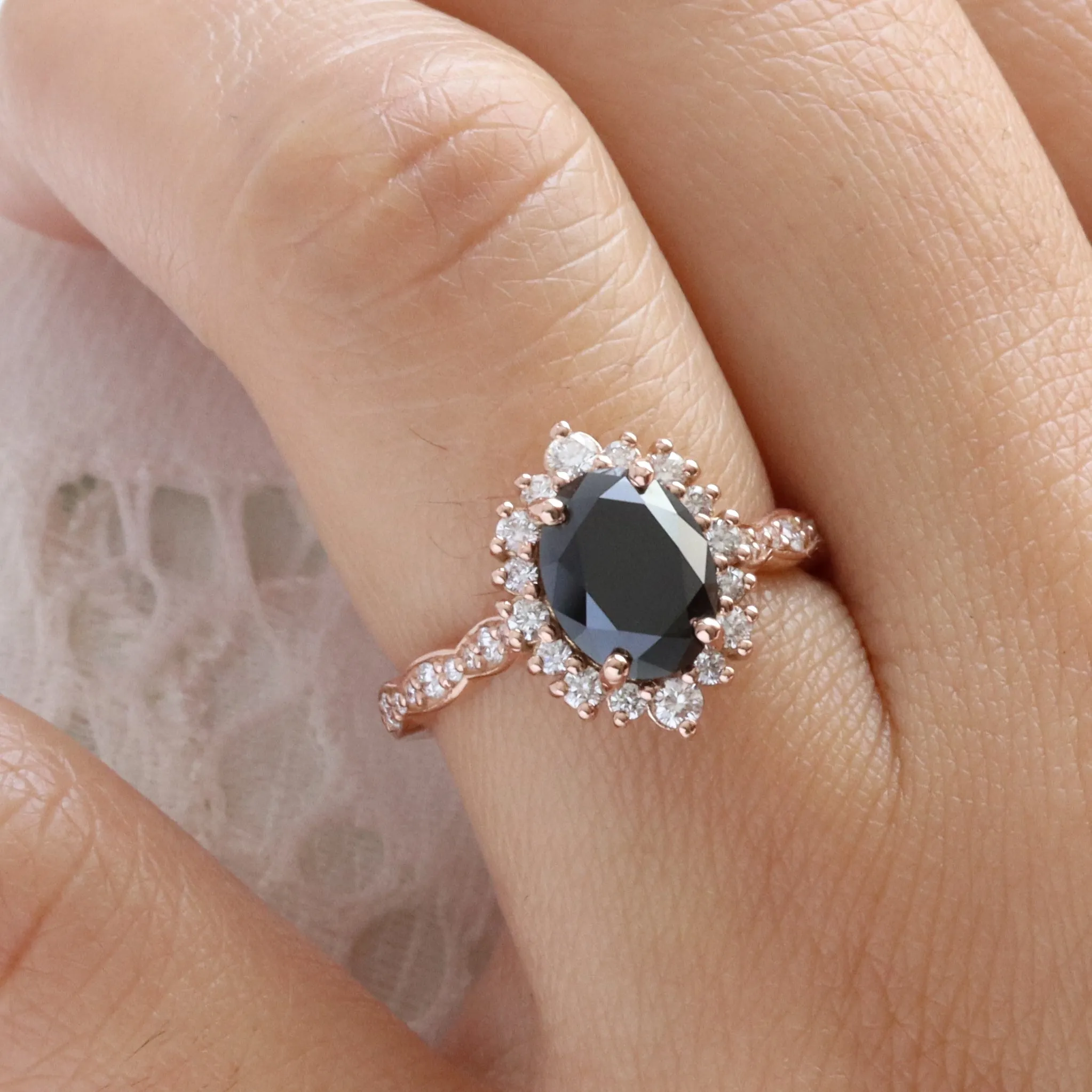 Large Oval Black Diamond Ring in Tiara Halo Diamond Scalloped Band