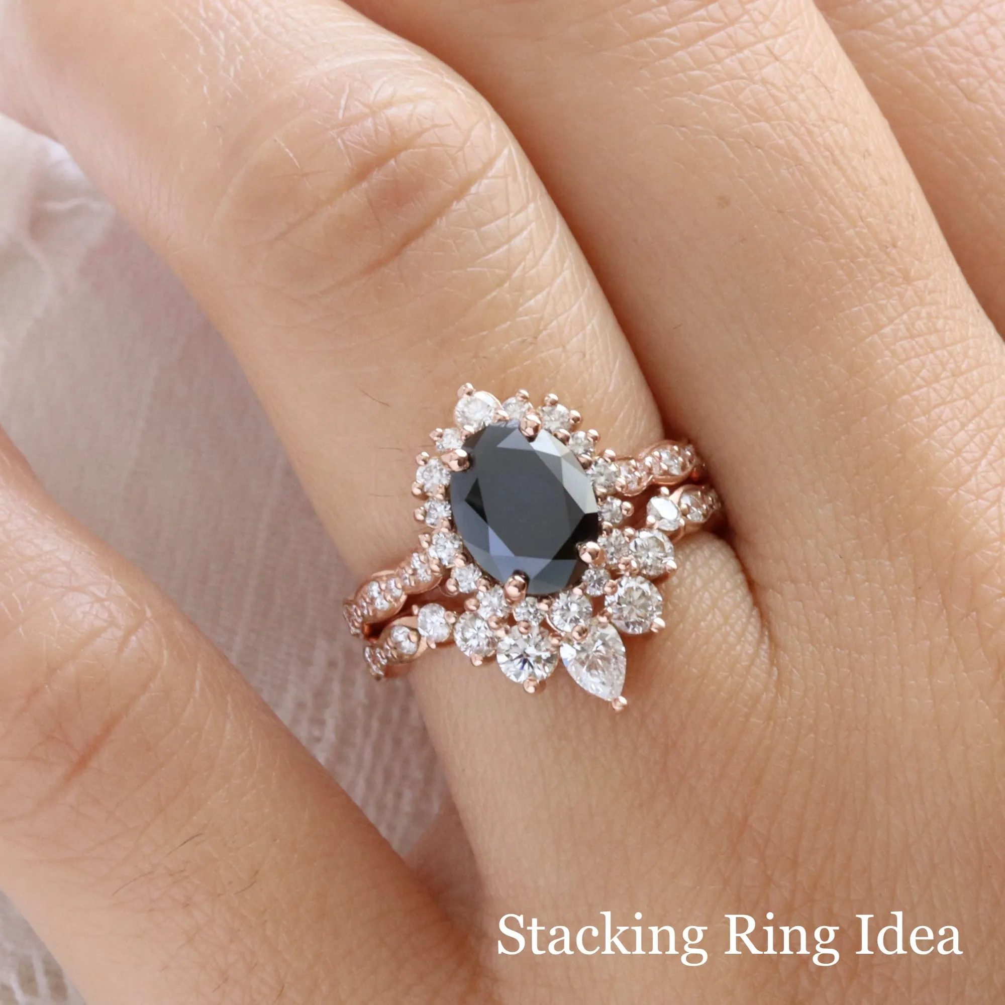 Large Oval Black Diamond Ring in Tiara Halo Diamond Scalloped Band