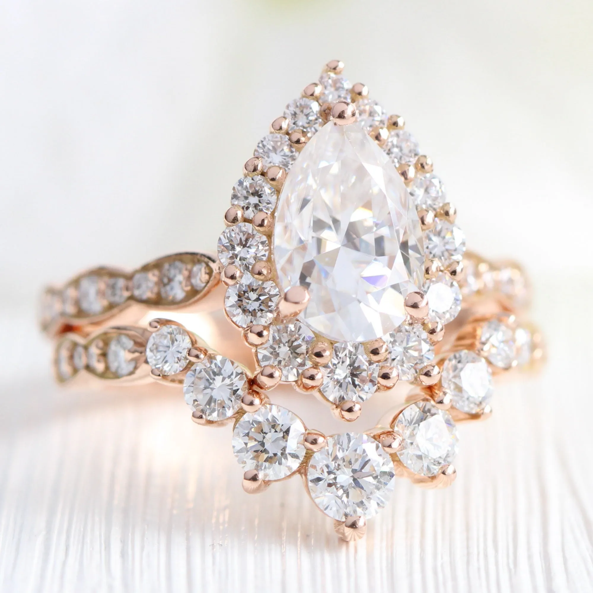 Large Tiara Halo Pear Ring Set w/ Moissanite and Large 7 Diamond Scalloped Band