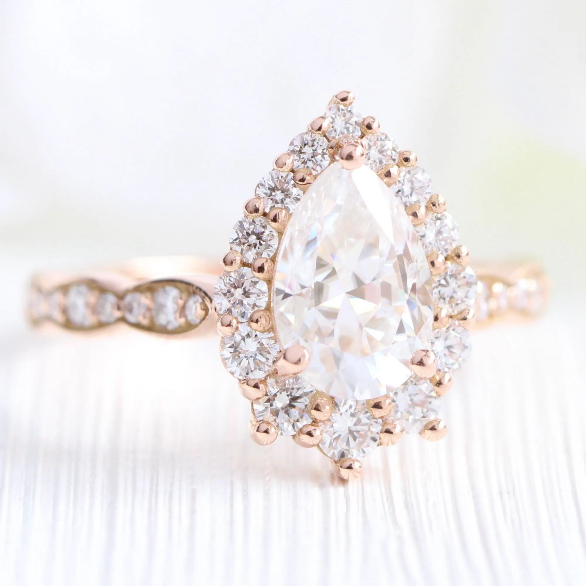 Large Tiara Halo Pear Ring Set w/ Moissanite and Large 7 Diamond Scalloped Band