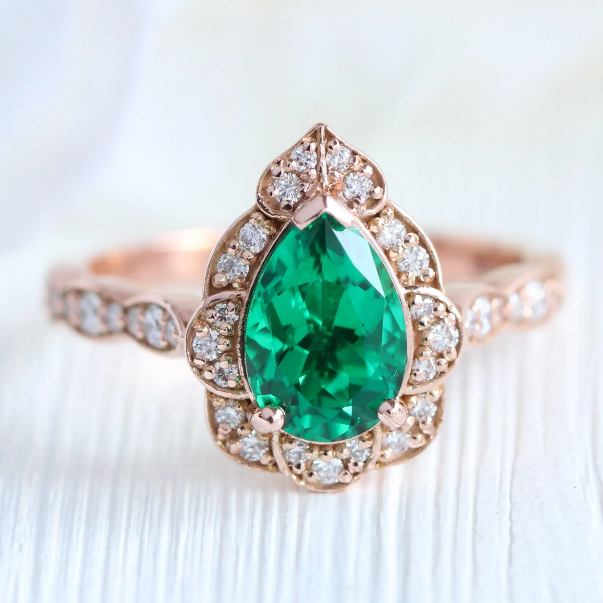 Large Vintage Floral Pear Ring Set w/ Emerald and Diamond in Scalloped Diamond Band