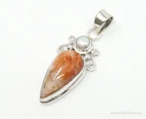 Large Vintage Sunstone Pearl Sterling Silver Pendant