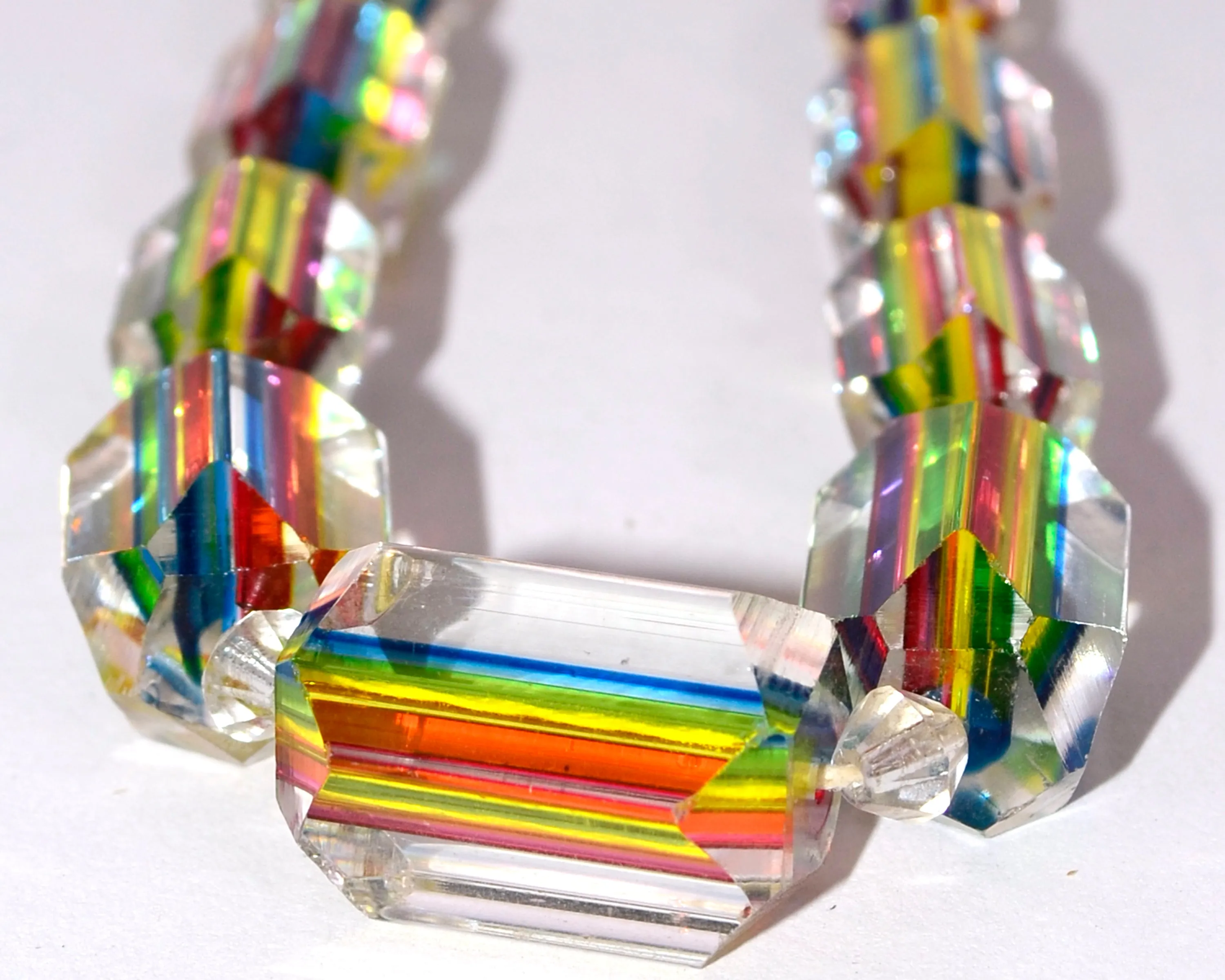 Late 1930s Art Deco Vintage Rainbow Cane Glass Bead Necklace