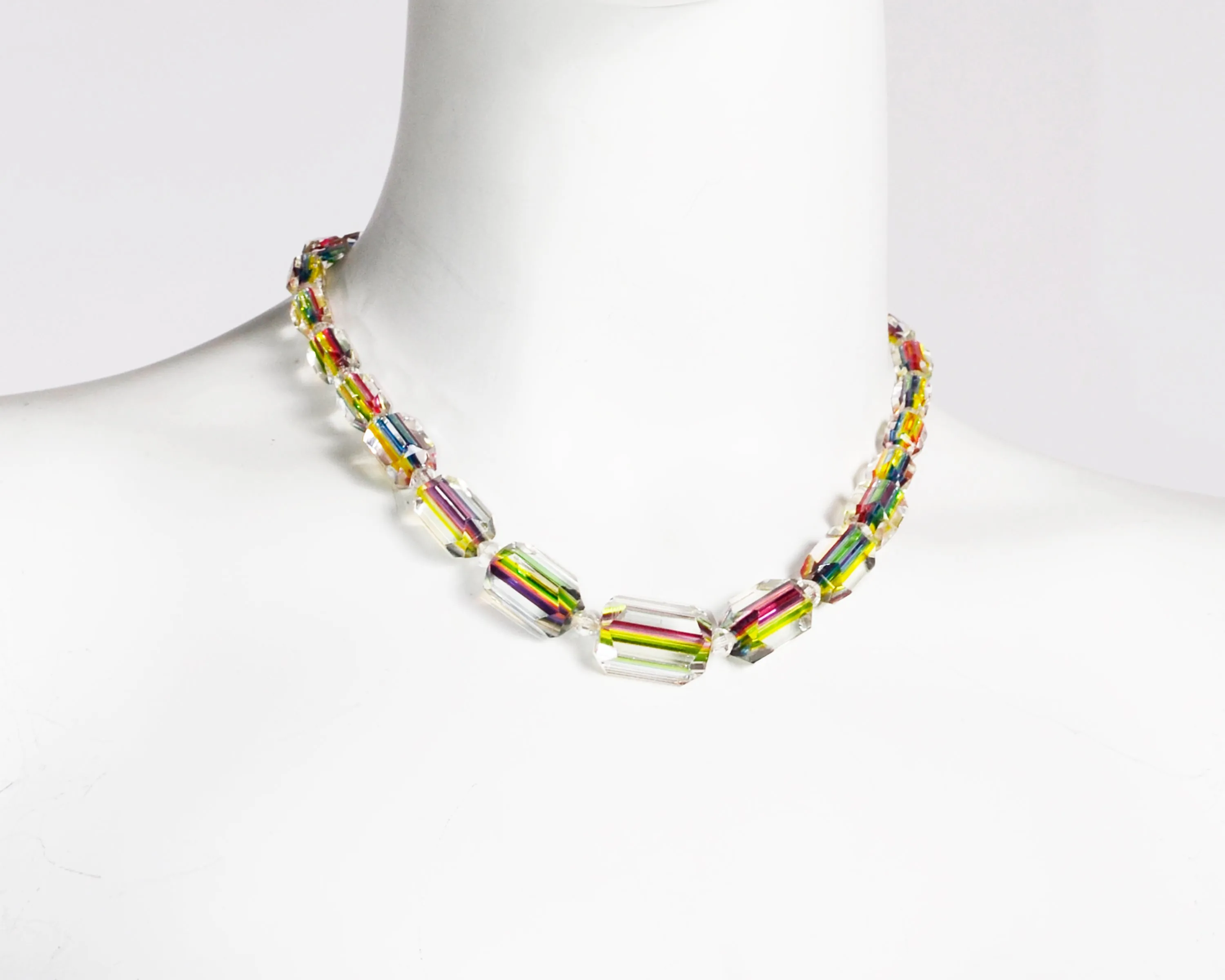 Late 1930s Art Deco Vintage Rainbow Cane Glass Bead Necklace