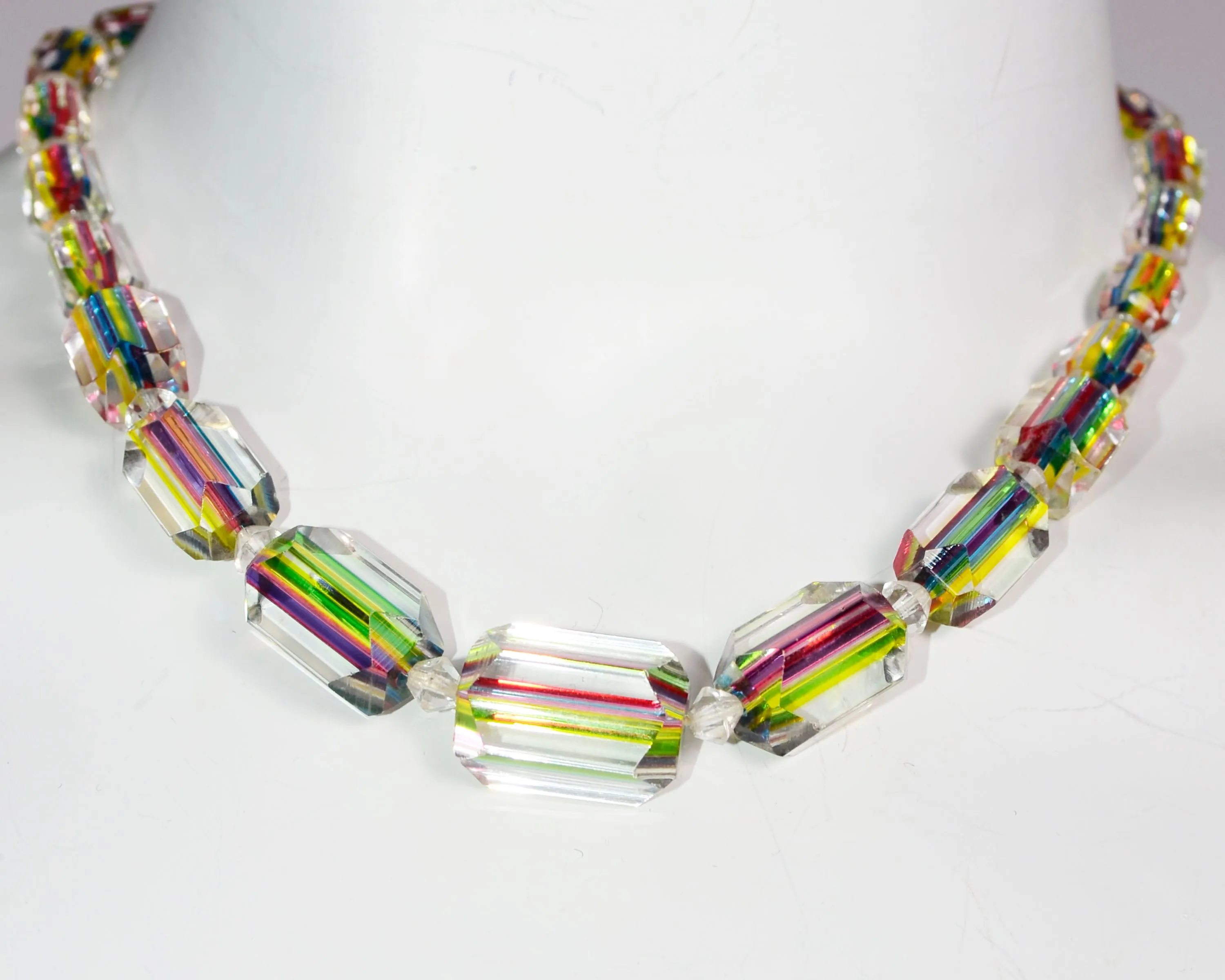 Late 1930s Art Deco Vintage Rainbow Cane Glass Bead Necklace