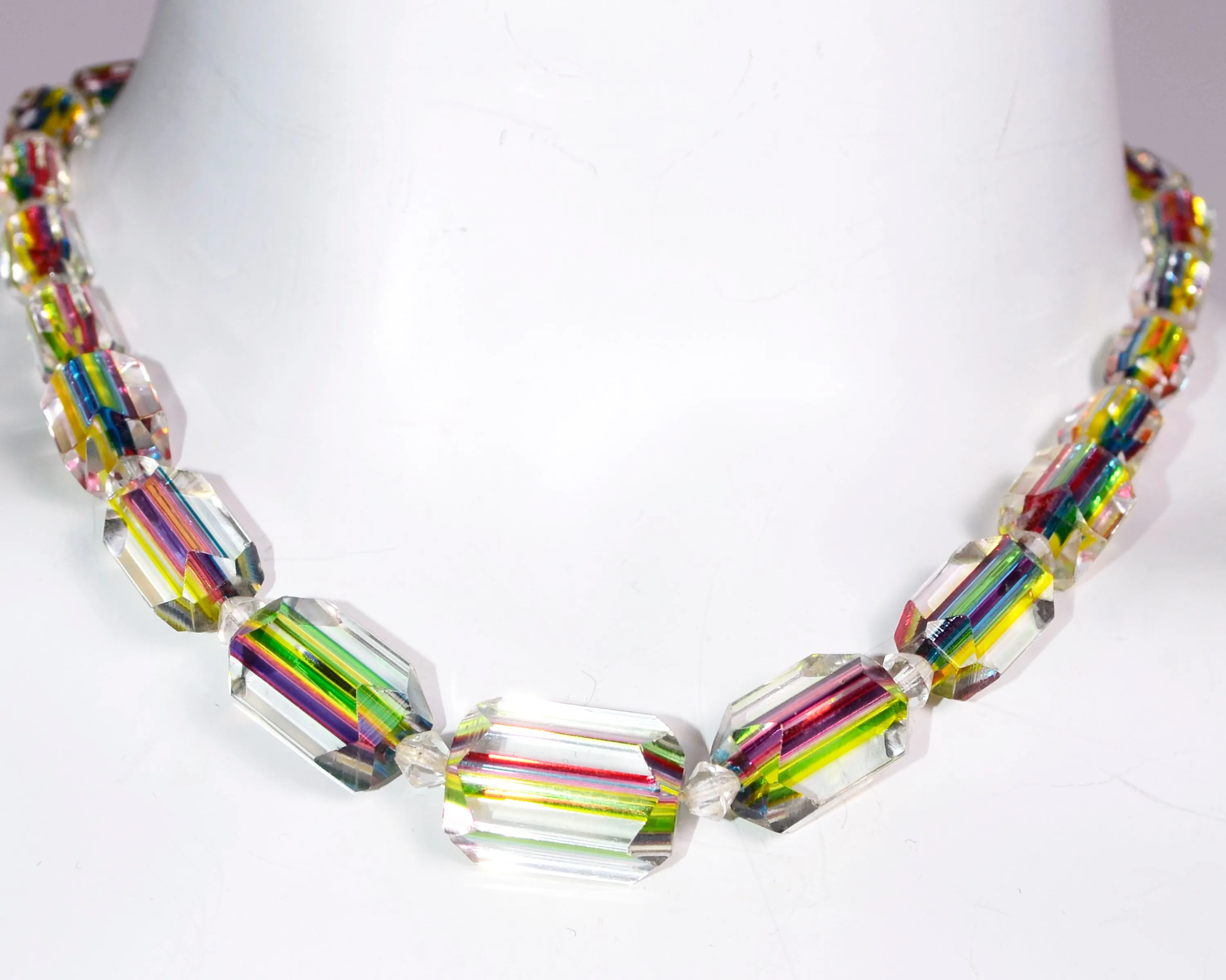 Late 1930s Art Deco Vintage Rainbow Cane Glass Bead Necklace