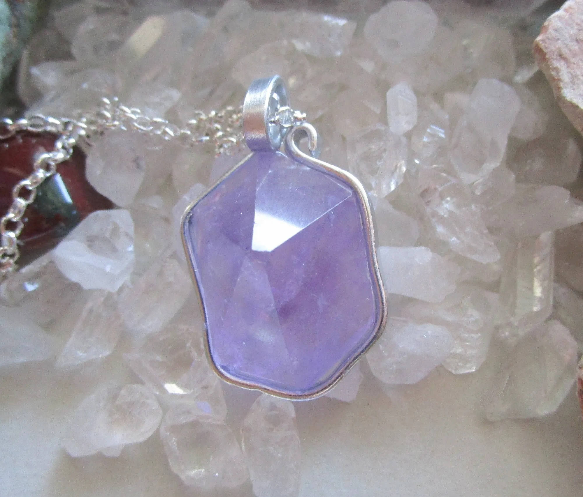 Lavender Amethyst Natural Carved Hexagon Crystal Pendant Necklace