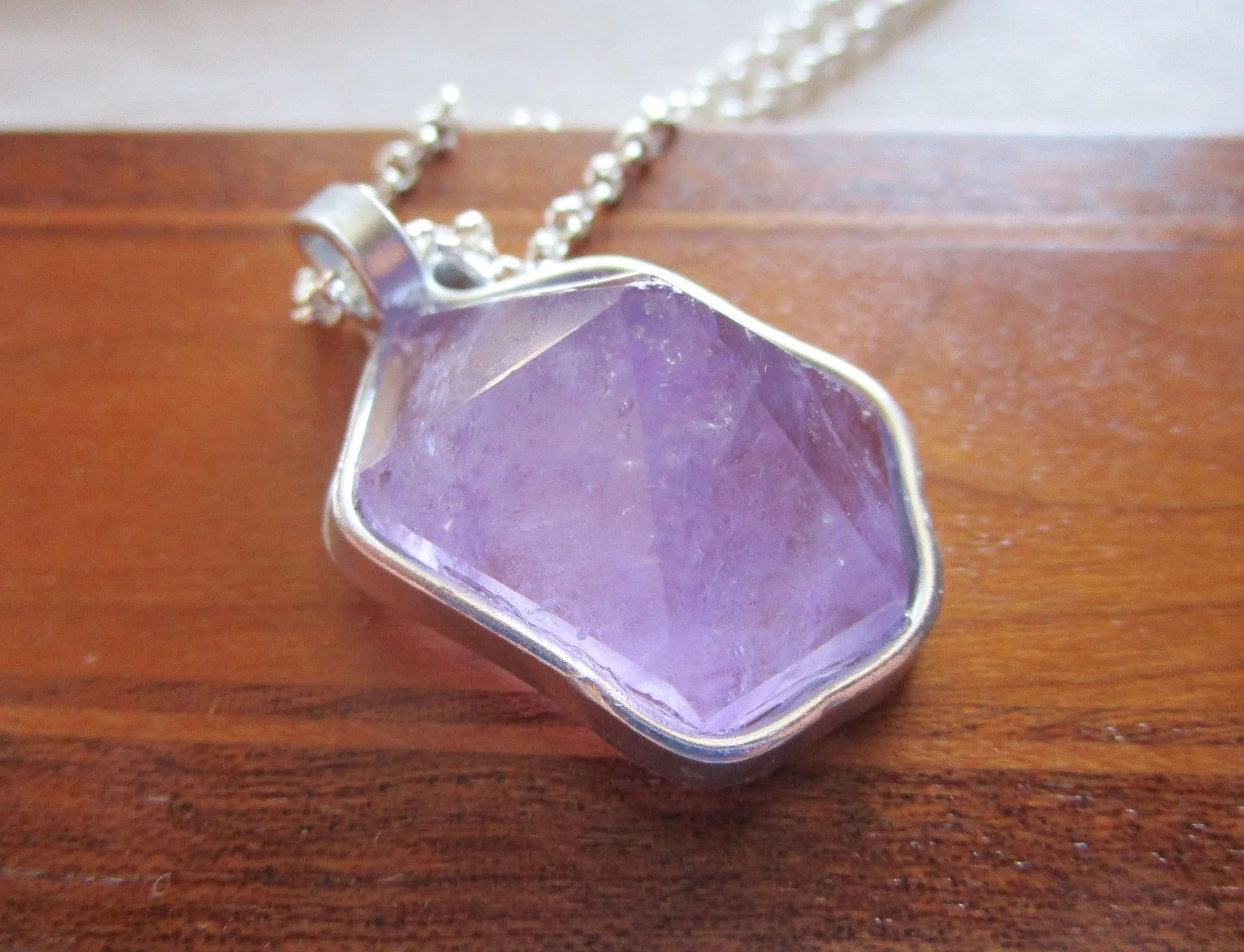 Lavender Amethyst Natural Carved Hexagon Crystal Pendant Necklace