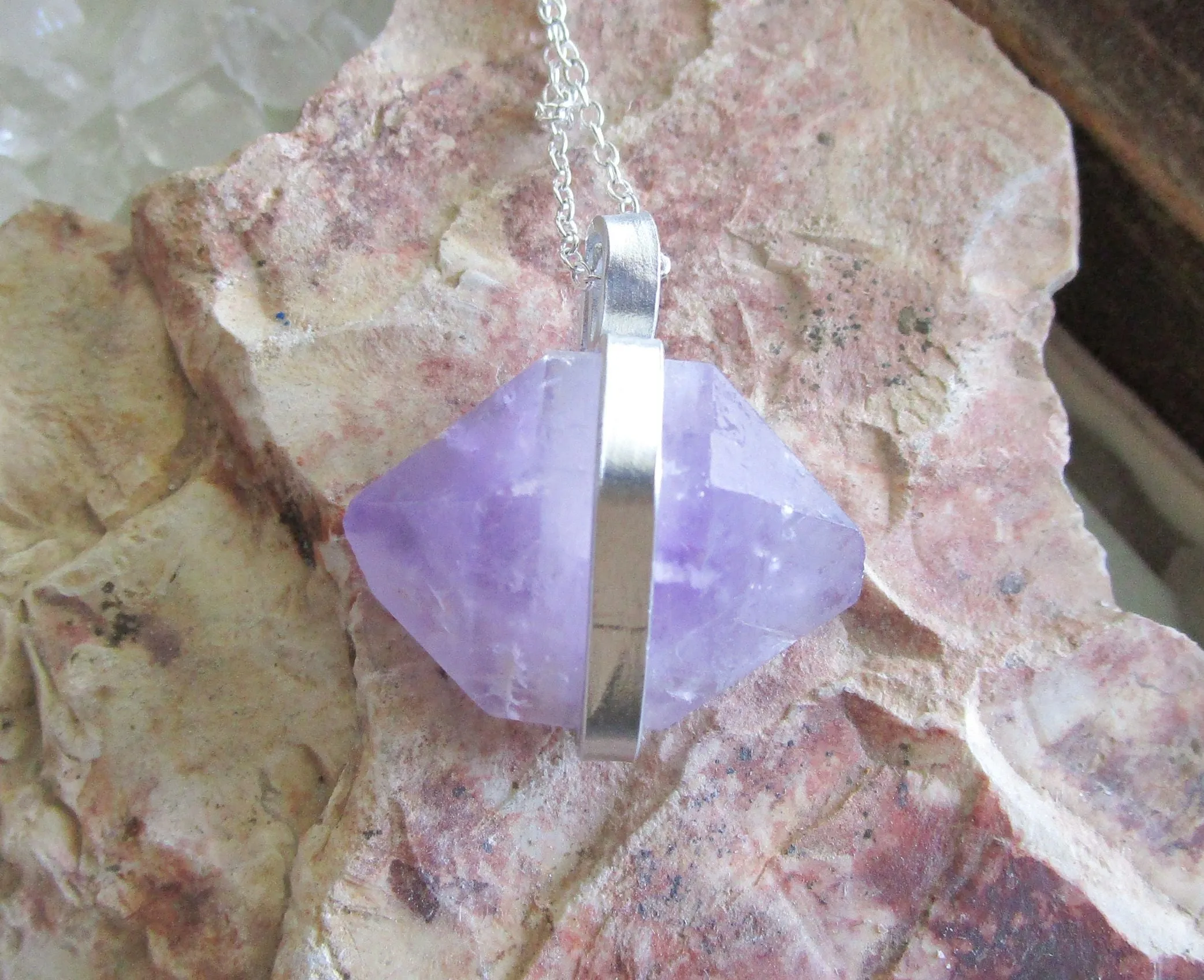 Lavender Amethyst Natural Gemstone Crystal Pendant Necklace