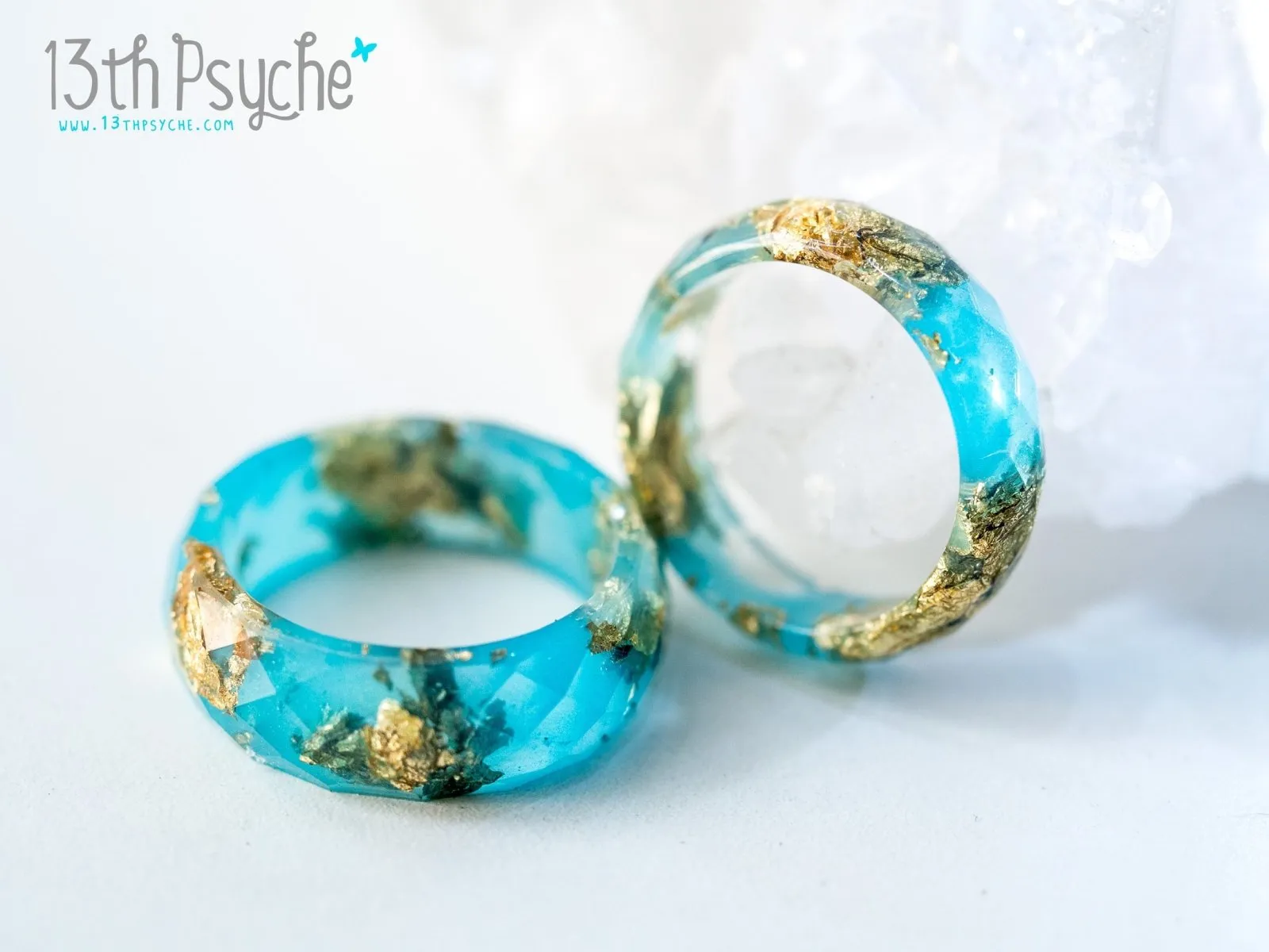 Light blue and gold flakes faceted resin ring