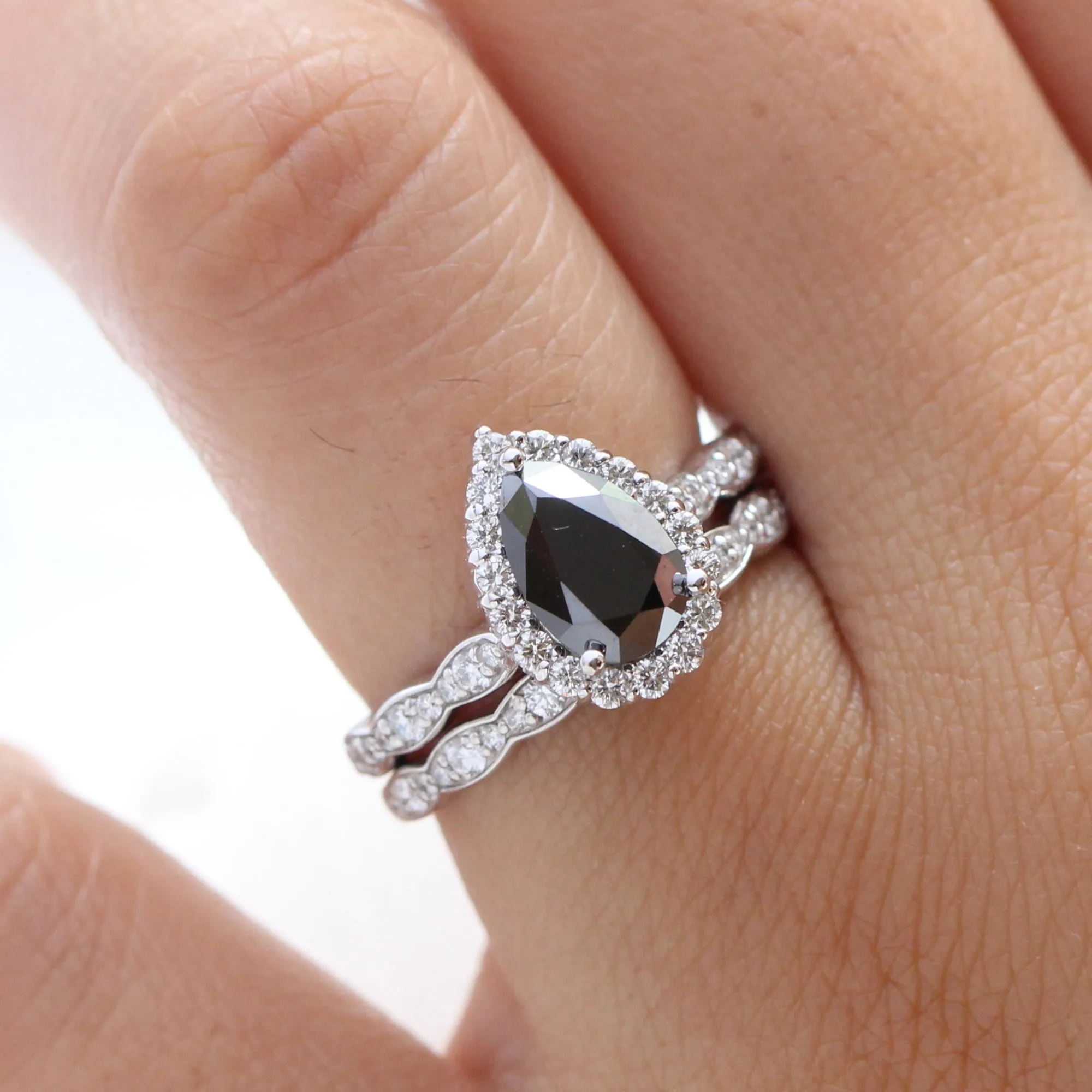 Luna Halo Black Diamond Pear Ring Set w/ Matching Scalloped Diamond Wedding Band