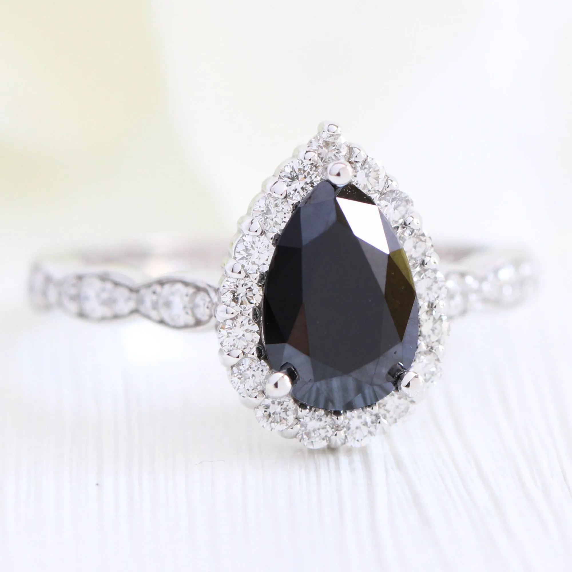 Luna Halo Black Diamond Pear Ring Set w/ Matching Scalloped Diamond Wedding Band