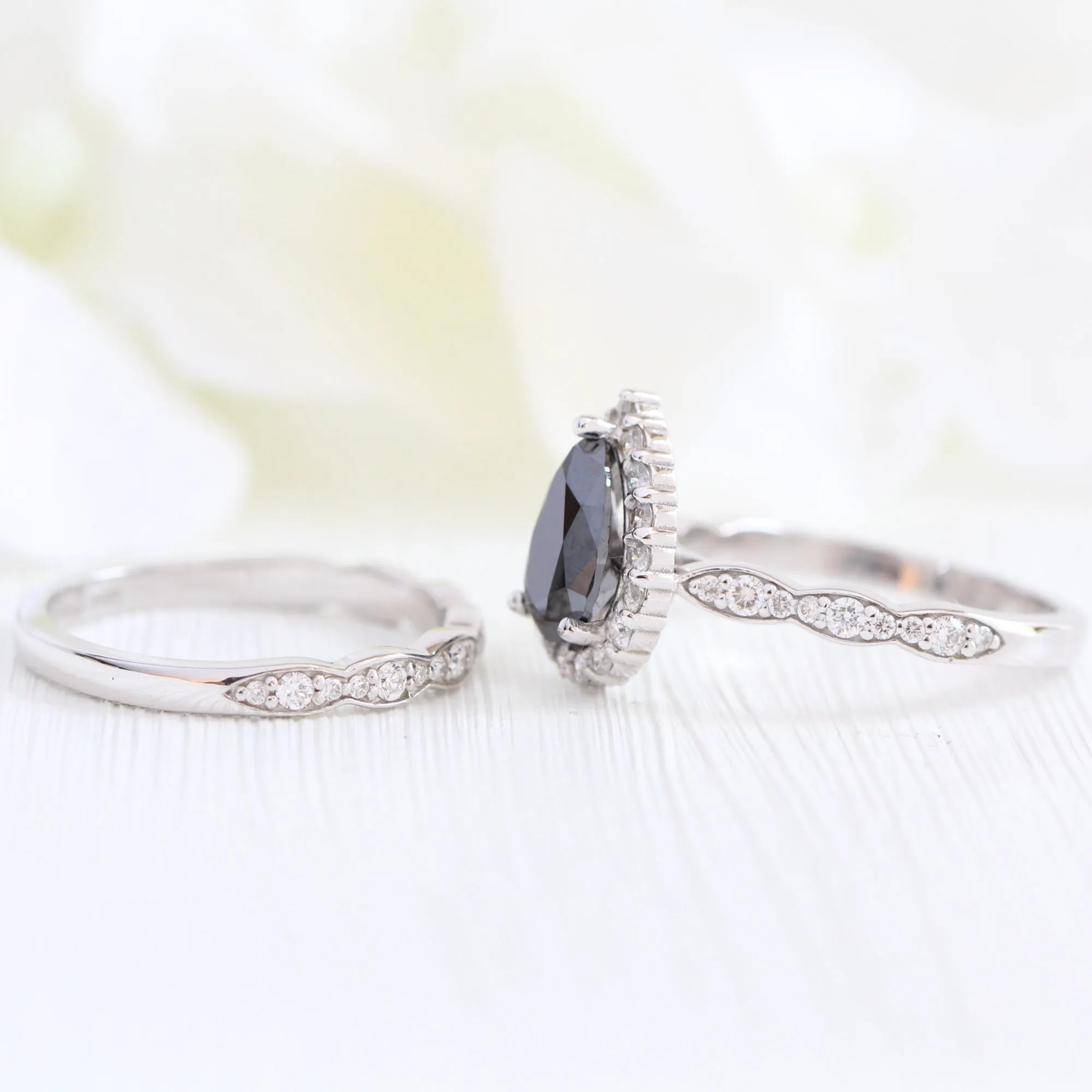 Luna Halo Black Diamond Pear Ring Set w/ Matching Scalloped Diamond Wedding Band