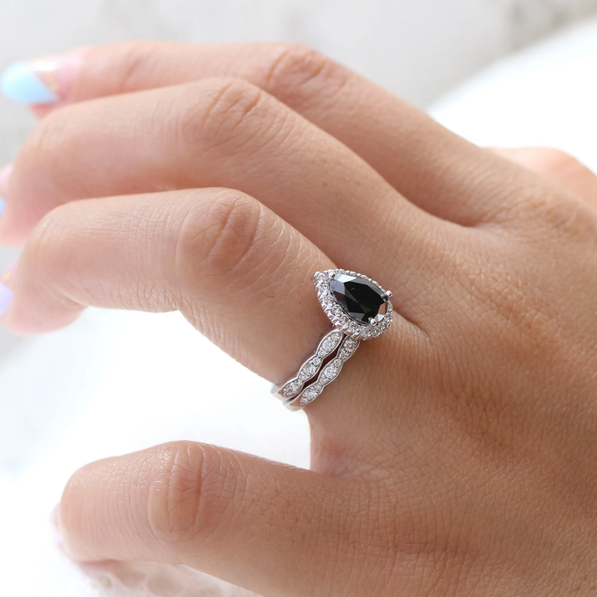 Luna Halo Black Diamond Pear Ring Set w/ Matching Scalloped Diamond Wedding Band