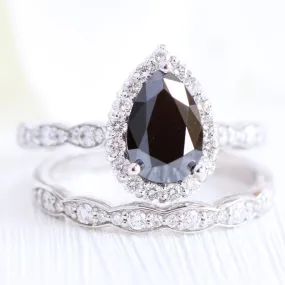 Luna Halo Black Diamond Pear Ring Set w/ Matching Scalloped Diamond Wedding Band