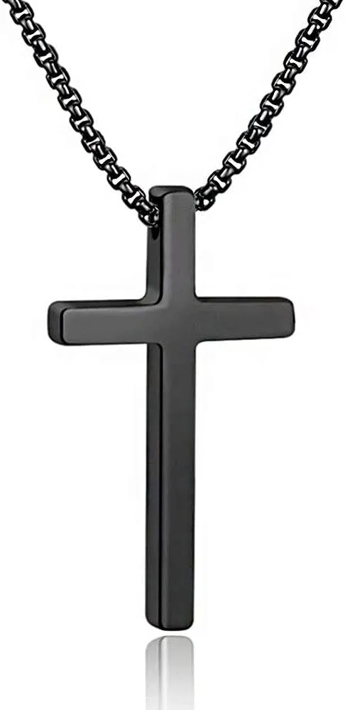 M MOOHAM Cross Necklace for Men, Silver Black Gold Stainless Steel Plain Cross Pendant Necklace for Men Box Chain 16-30 Inch