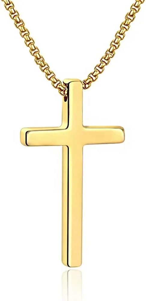 M MOOHAM Cross Necklace for Men, Silver Black Gold Stainless Steel Plain Cross Pendant Necklace for Men Box Chain 16-30 Inch