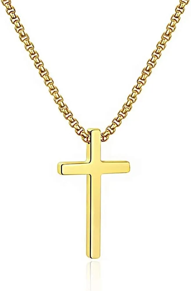 M MOOHAM Cross Necklace for Men, Silver Black Gold Stainless Steel Plain Cross Pendant Necklace for Men Box Chain 16-30 Inch