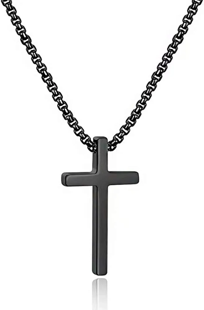 M MOOHAM Cross Necklace for Men, Silver Black Gold Stainless Steel Plain Cross Pendant Necklace for Men Box Chain 16-30 Inch