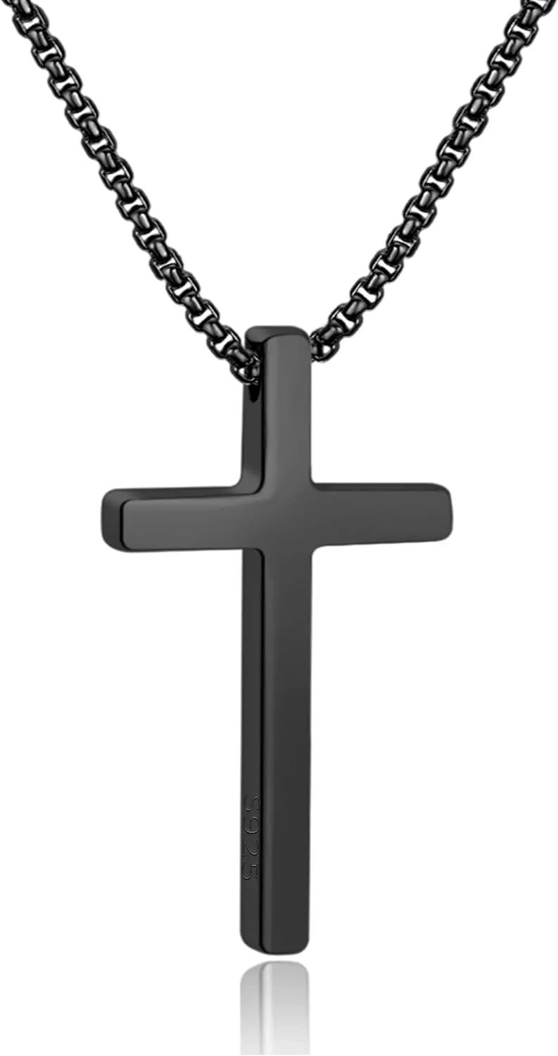 M MOOHAM Cross Necklace for Men, Silver Black Gold Stainless Steel Plain Cross Pendant Necklace for Men Box Chain 16-30 Inch