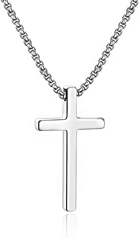 M MOOHAM Cross Necklace for Men, Silver Black Gold Stainless Steel Plain Cross Pendant Necklace for Men Box Chain 16-30 Inch